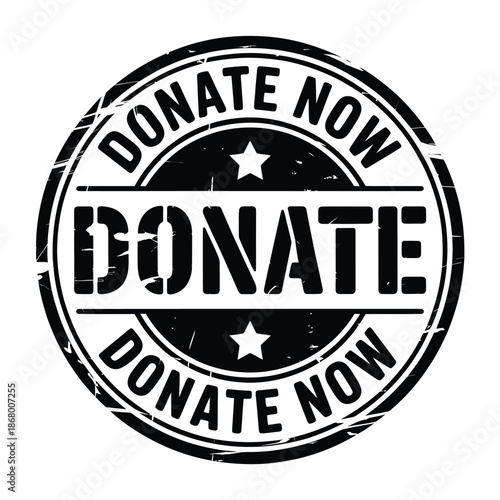 Black and white donate now stamp with star accents and distressed texture