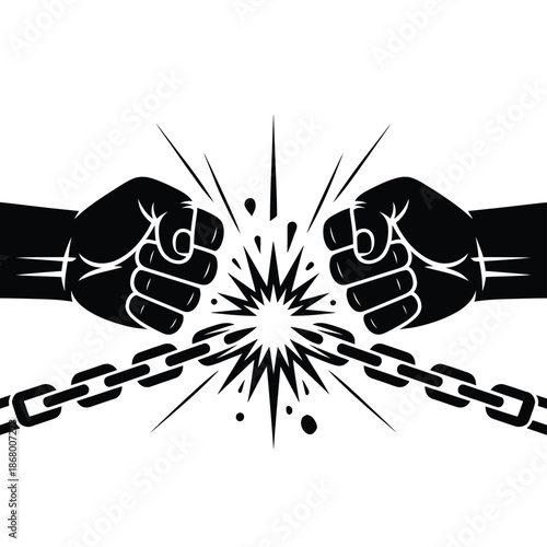 Break free fists shattering chains in a burst of energy and power