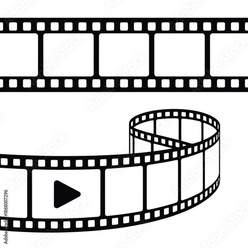 Black and white film strip with play button on white background