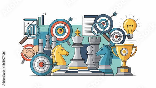 Strategic planning and business success with chess pieces and targets.