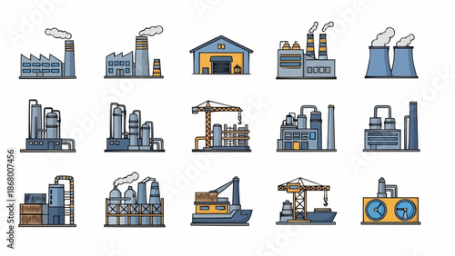 Collection of Industrial Factory Buildings and Structures Icons.