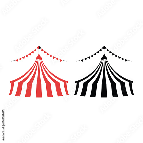 Red and black circus tents with festive bunting