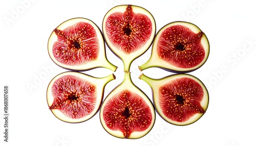 Six halved ripe figs arranged in a circular pattern, isolated on white