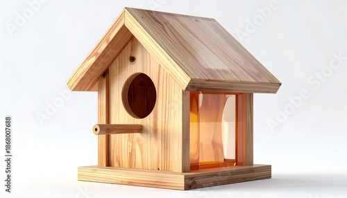 Wooden birdhouse with clear glass, light source illuminating interior