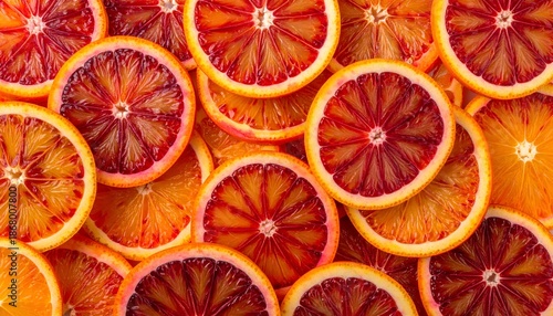 Close-up of sliced citrus fruits with deep red and orange sections