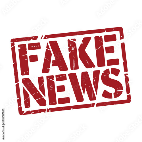 Fake news stamp on white background with red lettering and distressed texture