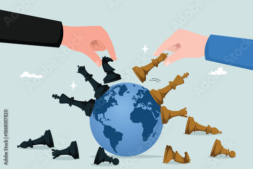 Geopolitics world country trade alliance, diplomacy with superpower nations, relationship or negotiation for trade war, tariff or sanction concept, hand playing chess to win geopolitics trade war.