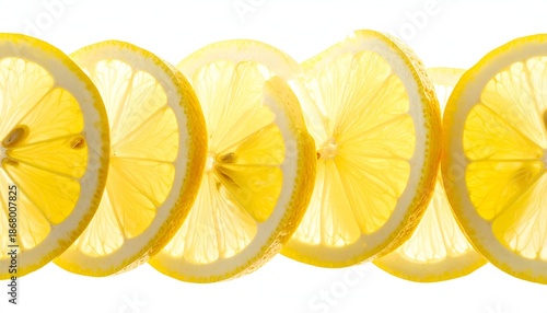 Translucent, backlit lemon slices arranged in a row, bright yellow