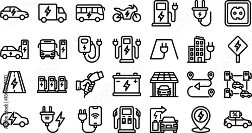 EV Charging, Battery, Renewable Energy Line Icons – Electric Transport Set