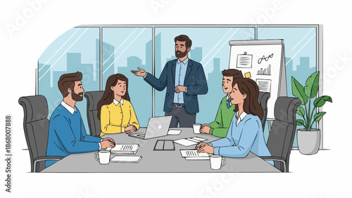 Business meeting presentation with diverse team collaborating in office.