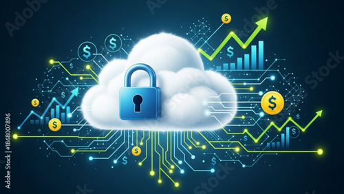 Secure cloud computing with padlock and financial growth charts
