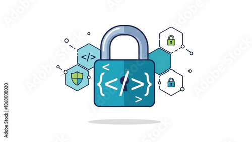 Secure coding concept with padlock and hexagons for cybersecurity