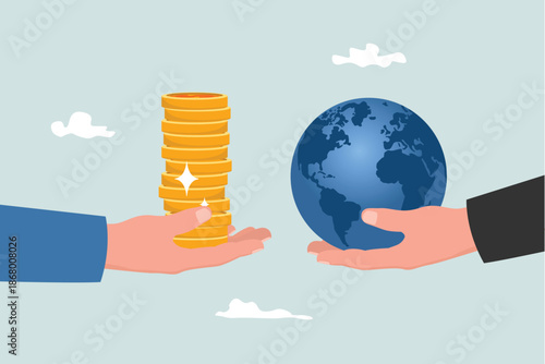 A businessman holding a globe and a hand holding money. International economy, global investment, financial opportunities around the world.