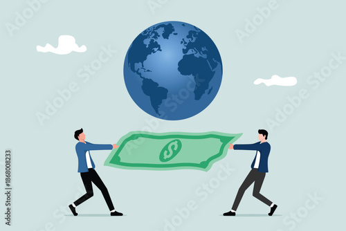 Struggle for money, government demands tax payments, company revenue market share, concept of paying off debts or bills, big businessmen withdrawing banknotes, tug of war with small businessmen.