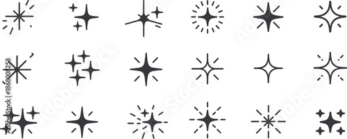 Sparkle star icon set, abstract shining twinkle shapes, minimal glow symbols, decorative light effects, modern vector collection