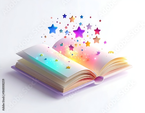 An open book bursting with colorful stars against a white background