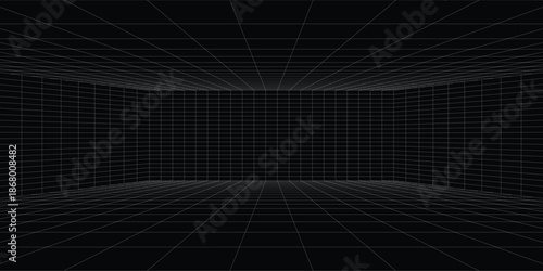 Futuristic perspective grid box. Abstract wireframe with white grid line on black background. Virtual reality landscape in 80s 90s digital style. Vector