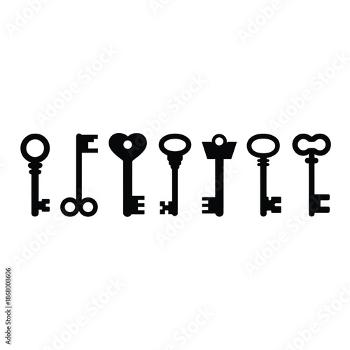 Collection of various old fashioned skeleton keys on white background