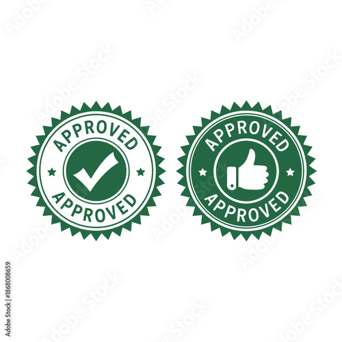 Green approved stamps with checkmark and thumbs up icons