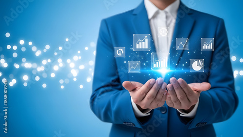 Futuristic Business Intelligence Professional Hand Holding Digital Data Visualization and Glowing Technology Icons for Advanced Analytics
