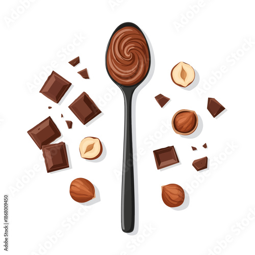 A black spoon cradling a swirl of hazelnut spread lies amidst scattered dark chocolate squares and split nuts in this appetizing top-down vector illustration
