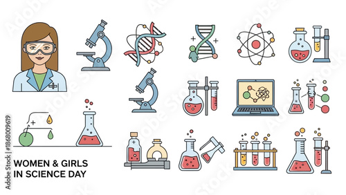 Infographic icon set celebrating Women and Girls in Science Day with various science-related illustrations and equipment on a white background.