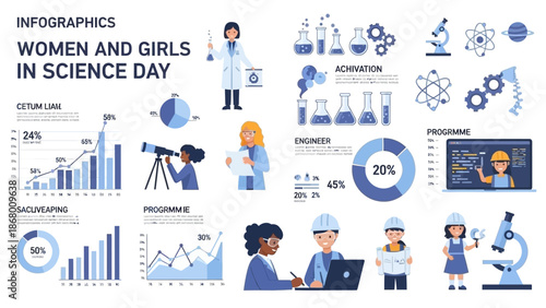 Flat lay of a diverse group of scientists and engineers infographic icons celebrating Women and Girls in Science Day with a blue and white color scheme conveying a sense of innovation and