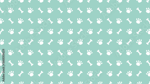 Refreshing mint green seamless pattern with white dog paw prints and bones. Cute vector background for pet grooming services, summer animal textiles, and modern veterinary clinic branding