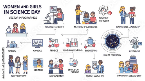 Infographic vector icons depicting Women and Girls in Science Day with diverse professionals in STEM fields and education, conveying innovation and learning in a modern style.