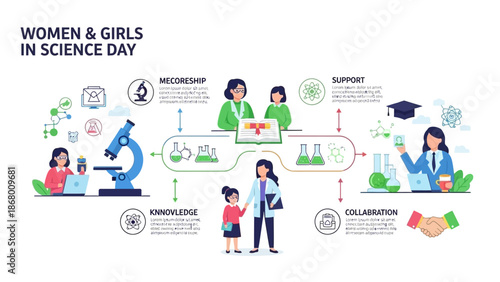 Infographic illustration for Women and Girls in Science Day featuring diverse professionals and students with science icons and educational elements in a colorful flat lay composition.