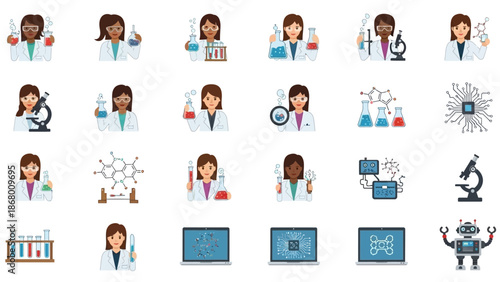 Flat lay of a diverse set of infographic icons depicting Women and Girls in Science Day with various STEM-related graphics and scientists in a colorful and educational layout against a