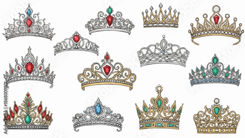 Collection of Elegant Royal Crowns and Tiaras with Jewels.