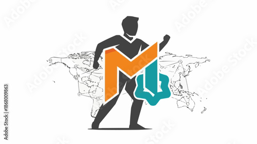 Superhero figure with M logo and map of North America behind.