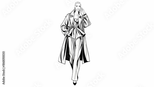 Fashion illustration of a woman in elegant trench coat and trousers.
