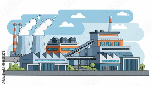 Industrial Factory Building with Smokestacks and Cooling Towers.