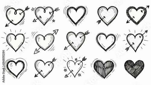 Collection of hand drawn heart doodles with arrows and stars.