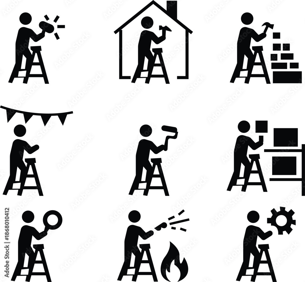 Fototapeta premium Cleaning inspection icon set showing hygiene control and sanitation checking. fire artwork design, Ideal for cleaning services, quality audits, facility management, safety reports, and healthcare use.
