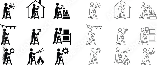 Cleaning inspection icon set showing hygiene control and sanitation checking. fire artwork design, Ideal for cleaning services, quality audits, facility management, safety reports, and healthcare use.