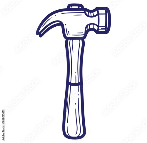 Hand drawn illustration of a classic hammer construction tool isolated on white background.