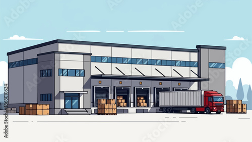 Modern warehouse building with loading docks and delivery truck.
