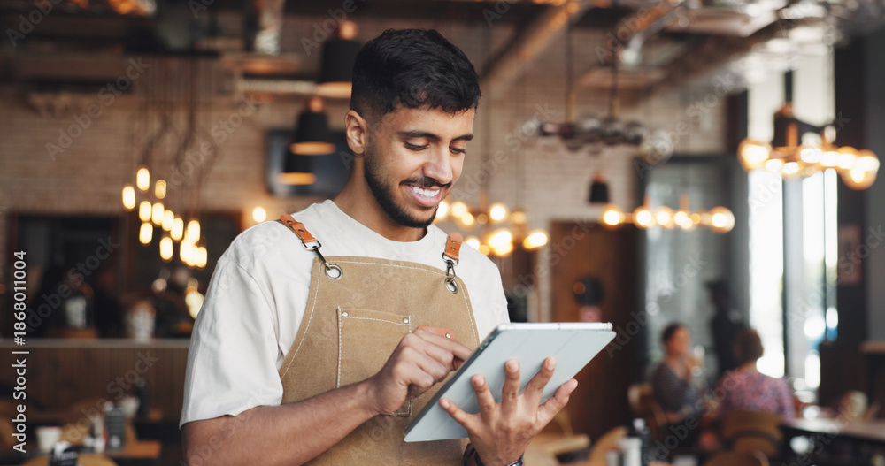Fototapeta premium Restaurant, happy man and waiter reading with tablet, table management and online service platform. Review reservation, browsing menu update and server with tech for info, check app and order status