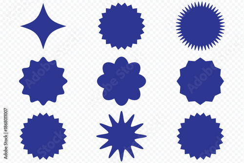 red starburst sale sticker tag icons set collection style. Set of starburst price tags. Round sticker collection with wavy edges, black promo badges, and blank sale labels. Simple flat vintage style.