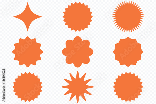 red starburst sale sticker tag icons set collection style. Set of starburst price tags. Round sticker collection with wavy edges, black promo badges, and blank sale labels. Simple flat vintage style.