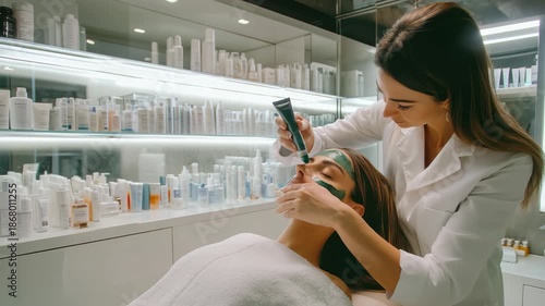 Cosmetologist applies spirulina mask to woman in modern skincare salon during a rejuvenating facial treatment session
