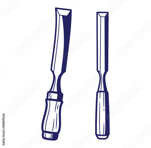 Two hand drawn blue chisels isolated on white background for carpentry and woodworking projects
