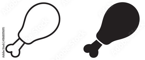 Minimalist line art and glyph style chicken drumstick icons set featuring a poultry leg for food menus, restaurant branding, or culinary applications