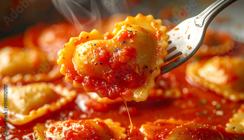 Macro Shot of Fork Lifting a Sauce-Coated Heart Ravioli with Steam