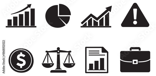 Minimalist business icon set featuring financial charts, a dollar coin, legal scales, and a briefcase for data analysis and financial concepts