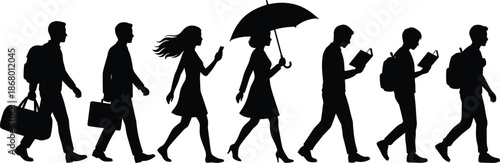 walking, silhouette, people, backpack, smartphone, book, umbrella, briefcase, duffel, casual, commute, posture, reading, mo illustration