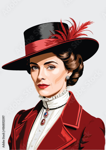 059-32-Elegant victorian woman wearing a red jacket and feathered hat with a determined expression